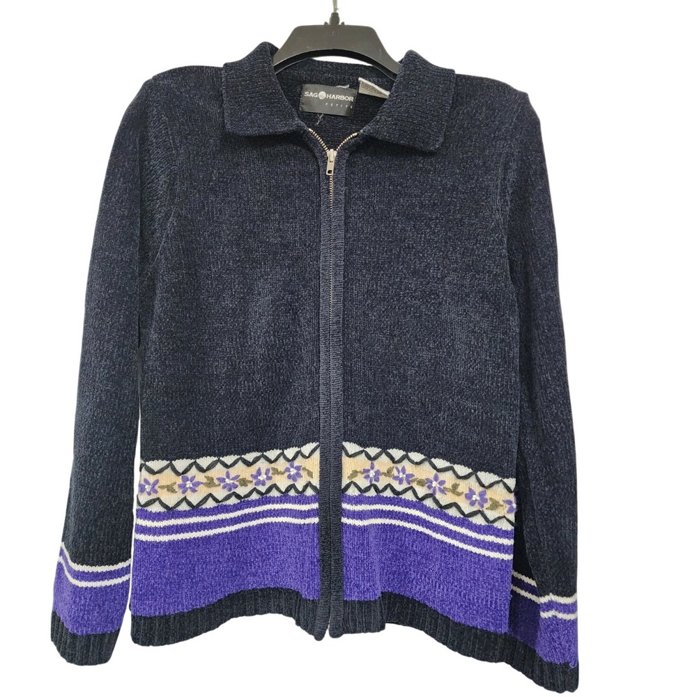 Sag Harbor Petite Womens Blue Purple Floral Chenille Zip Up Cardigan Sweater